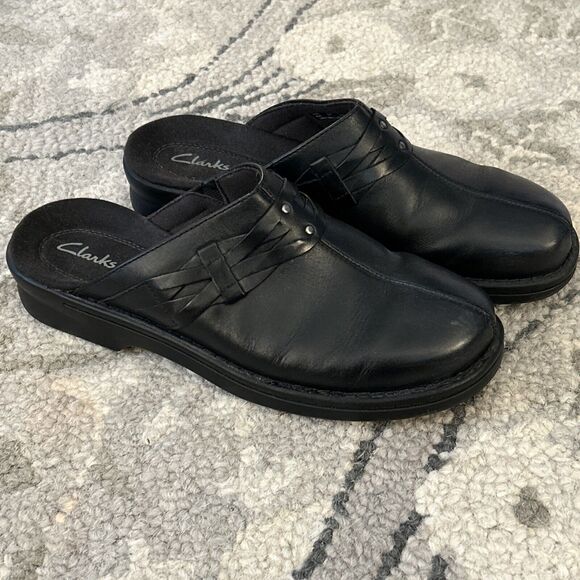 Clarks Shoes Clarks Black Braided Leather Upper Mule Clog Slides